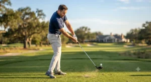 Golfer making contact with the ball while using a hybrid club off the tee