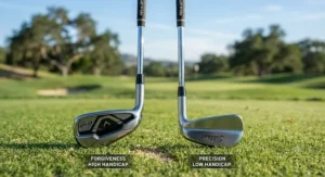 Side-by-side comparison of a cavity back iron and a blade iron, emphasizing forgiveness for high handicappers.