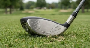 Close-up view of a high-performance driving hybrid club face resting on the green fairway, highlighting design features for improved accuracy.