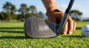 Detailed close-up showing the face technology of a modern golf utility hybrid driving iron.