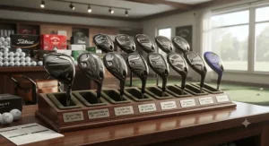 Selection of top-rated modern driving hybrids lined up in a pro shop, emphasizing advanced technology for superior distance and accuracy.