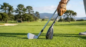 Side-by-side comparison of a traditional long iron and a forgiving golf utility hybrid driving iron.