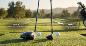 Golf clubs lined up to help players understand driving hybrid accuracy benefits
