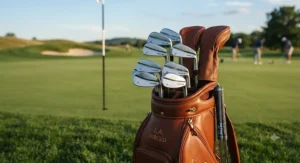 Complete set of forged muscle back blades neatly arranged in a premium leather golf bag