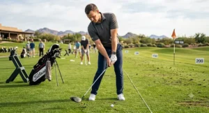 Close-up view of a golf swing demonstrating the club face and path manipulation for drawing a utility hybrid shot.
