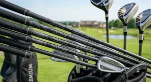 Close-up of the graphite shafts on a wood hybrid combo set for improved swing speed.