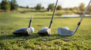 Visual difference between 5 wood, 5 hybrid, and 5 iron clubs.