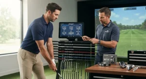 Professional club fitter helping a golfer select the ideal graphite shaft to maximize driving hybrid accuracy and swing speed.