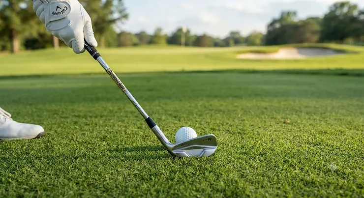 Address view of premium forged muscle back blades resting on a lush golf course fairway