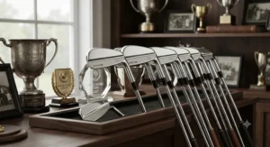 Display of polished forged muscle back blades showcased on a clubhouse trophy shelf