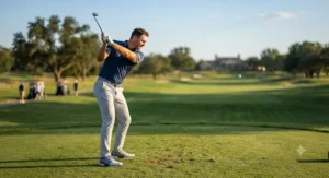 Professional golfer following through on a hybrid swing during a round