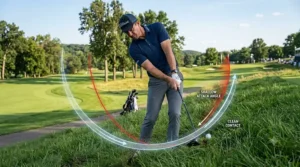 Diagram illustrating the ideal shallow swing path for a 5-wood shot from the rough.
