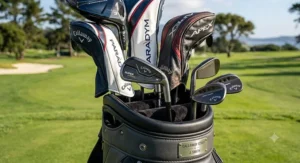 A golf utility hybrid driving iron tucked into a professional golf bag next to woods and wedges.