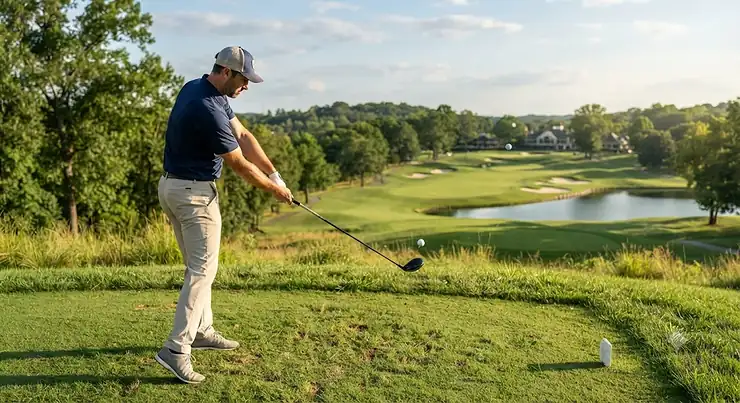 Golfer demonstrating driving hybrid accuracy by hitting a precise shot off the tee at a scenic American golf course. perimeter weighted cavity back