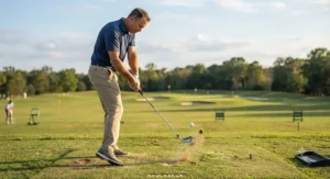 Golfer striking a pure shot with forged muscle back blades at a practice driving range