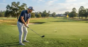 Golfer watching a successful approach shot land softly on the putting green, showcasing driving hybrid accuracy from 200 yards out.