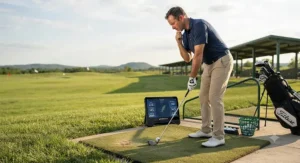 Golfer analyzing launch monitor data to improve driving hybrid accuracy during a practice session at an outdoor driving range.
