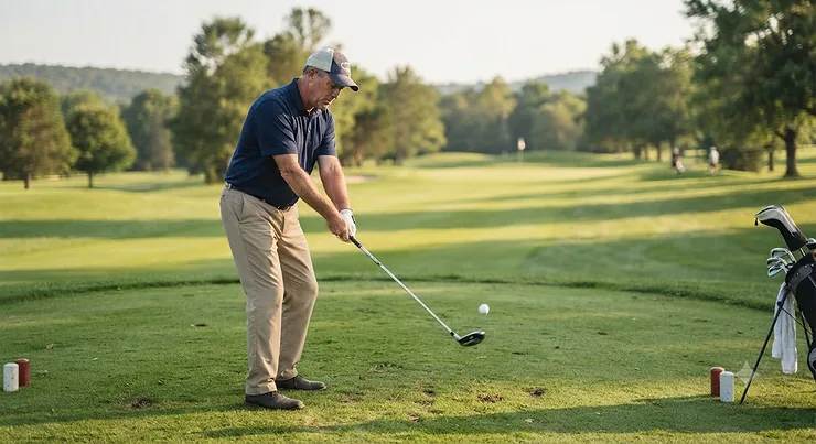 Golfer focused on driving hybrid accuracy from the tee box during a round