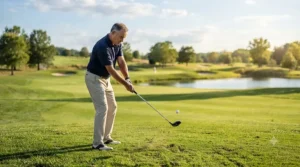 Golfer using 5 wood as a long iron replacement on the fairway.
