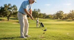 Golfer taking a smooth swing with a cavity back iron during a weekend round at an American golf course.
