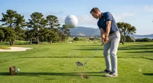 A golf ball soaring through the air after a strike with a golf utility hybrid driving iron.