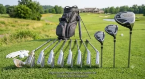Side-by-side comparison of the clubs included in a high-launch wood hybrid combo set.