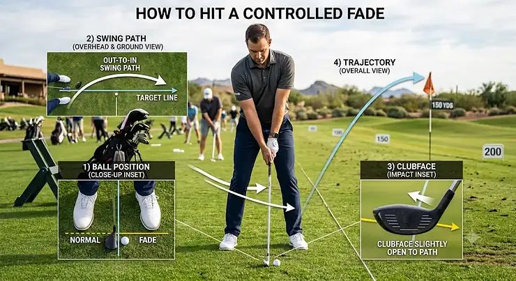 Diagram showing ball position and swing path required to hit a controlled fade with a utility hybrid club.