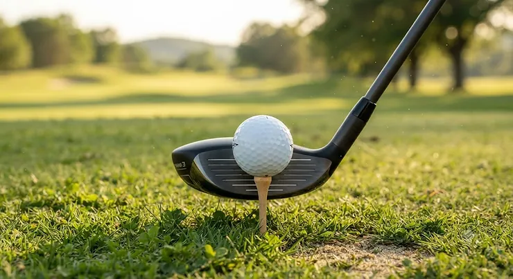 Close up of a golf ball teed up low with a hybrid club ready for impact