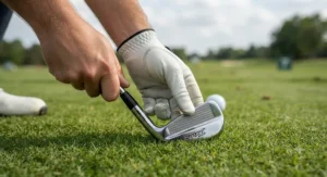 Close-up of a golfer's hands setting up the clubface to demonstrate muscle back irons workability.