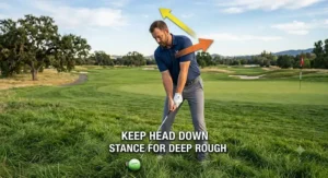 Instructional illustration showing proper stance for hitting a rescue club from the rough