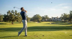 A golfer launching a high controlled shot using a hybrid from the tee box