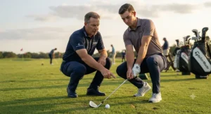 Professional coach helping a player master muscle back irons workability during a lesson.
