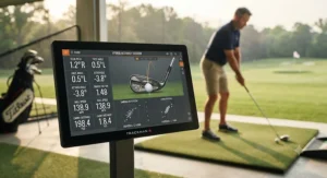 Launch monitor screen showing club stats to track driving hybrid accuracy