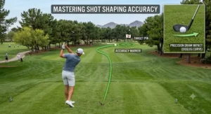 A golfer successfully executing a shaped utility hybrid shot toward a target flag on the fairway.