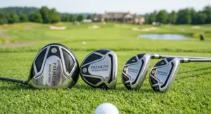 Detailed view of the aerodynamic club head design in a wood hybrid combo set.