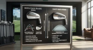 Comparison chart illustrating trajectory control and workability differences between muscle back and cavity back irons.