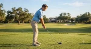 Side view of a golfer demonstrating the correct ball position for a hybrid tee shot
