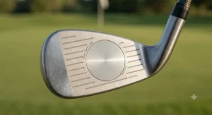 Detailed shot of a cavity back iron club face showing a large sweet spot for improved accuracy on off-center hits.