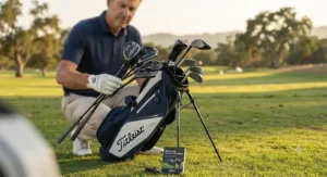 Golf bag featuring clubs designed to improve driving hybrid accuracy