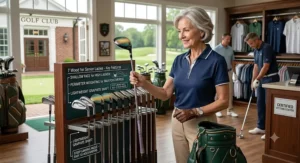 A senior lady golfer selecting the right 7 wood club at a professional golf shop.