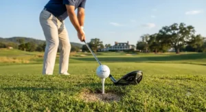 Detailed view of tee height and alignment for driving a hybrid off the tee