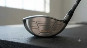 Close-up of the club face on a strong 3 wood mini driver highlighting the grooves.