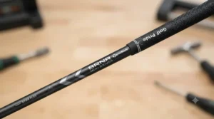 Detailed view of the premium grip and graphite shaft on a strong 3 wood mini driver.