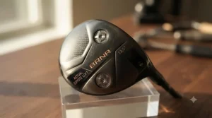 Bottom view of a strong 3 wood mini driver displaying advanced sole weight technology.