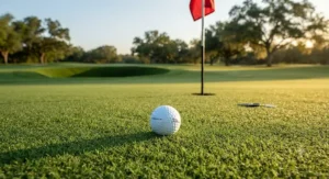 Golf ball resting softly on the green after focusing on driving hybrid accuracy