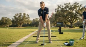 Instructor demonstrating swing posture to maximize driving hybrid accuracy