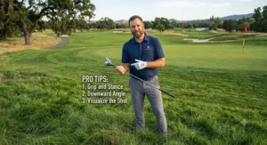 Golf pro holding a rescue club while standing in the rough on the fairway
