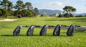 A lineup of top-rated golf utility hybrid driving irons displayed on a practice green.
