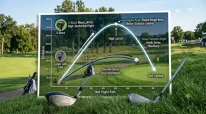 Trajectory chart showing the high launch and soft landing of a 5-wood shot from the rough.