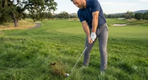 Golfer preparing to make a powerful swing with a rescue club from thick grass